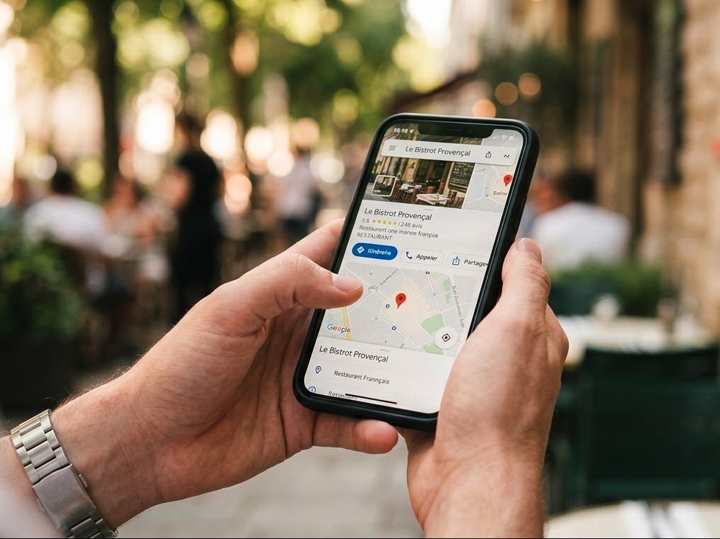 Fiche Google Business Profile vue sur mobile avec avis et bouton itinéraire