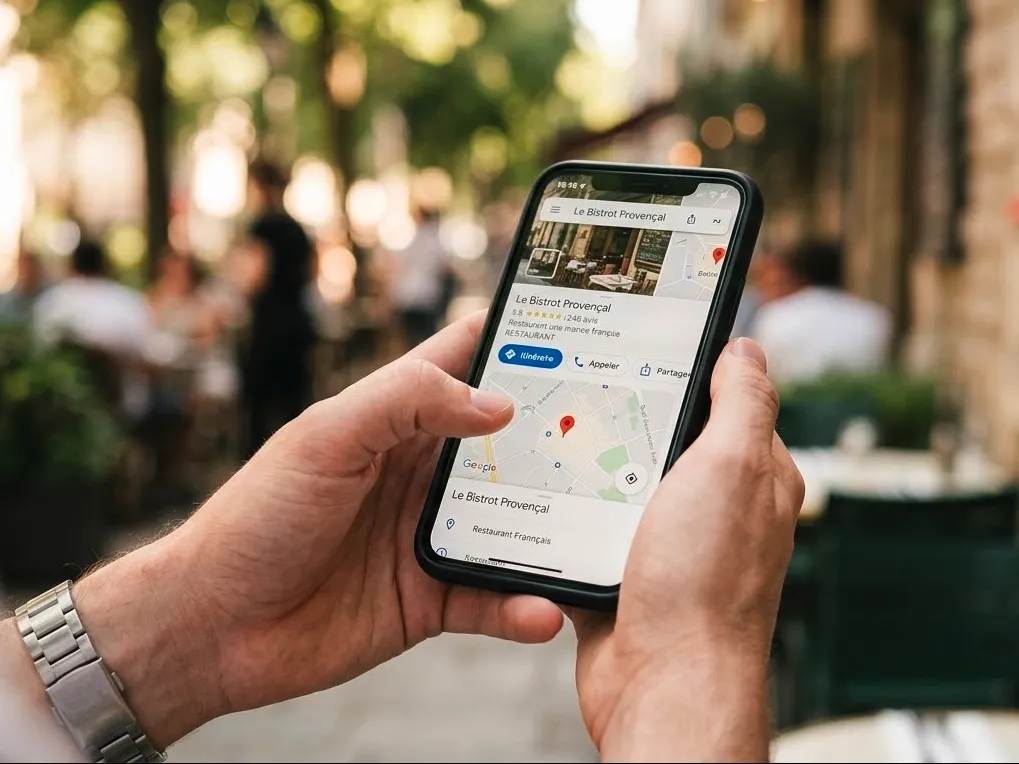 Fiche Google Business Profile vue sur mobile avec avis et bouton itinéraire