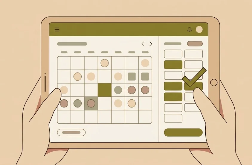 Interface de réservation en ligne sur tablette — gestion des créneaux et confirmation de rendez-vous