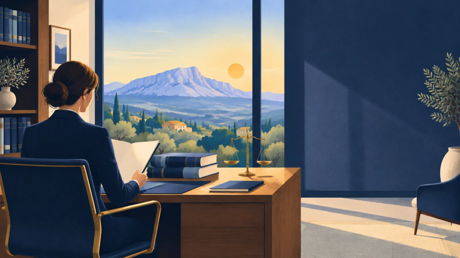 Illustration : un cabinet d'avocat au travail en Provence, avec la Sainte-Victoire au loin