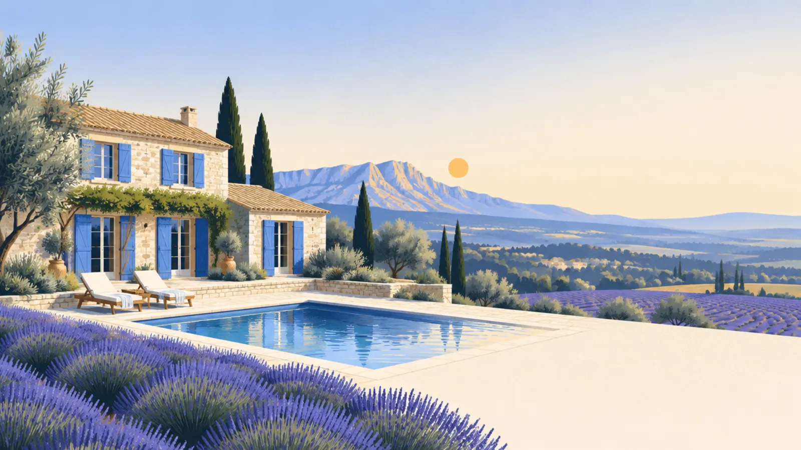 Illustration : une chambre d'hôtes au travail en Provence, avec la Sainte-Victoire au loin