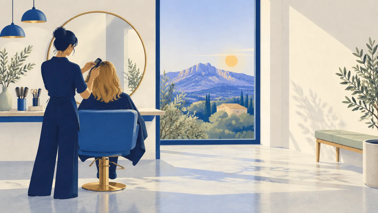 Illustration : un salon de coiffure au travail en Provence, avec la Sainte-Victoire au loin