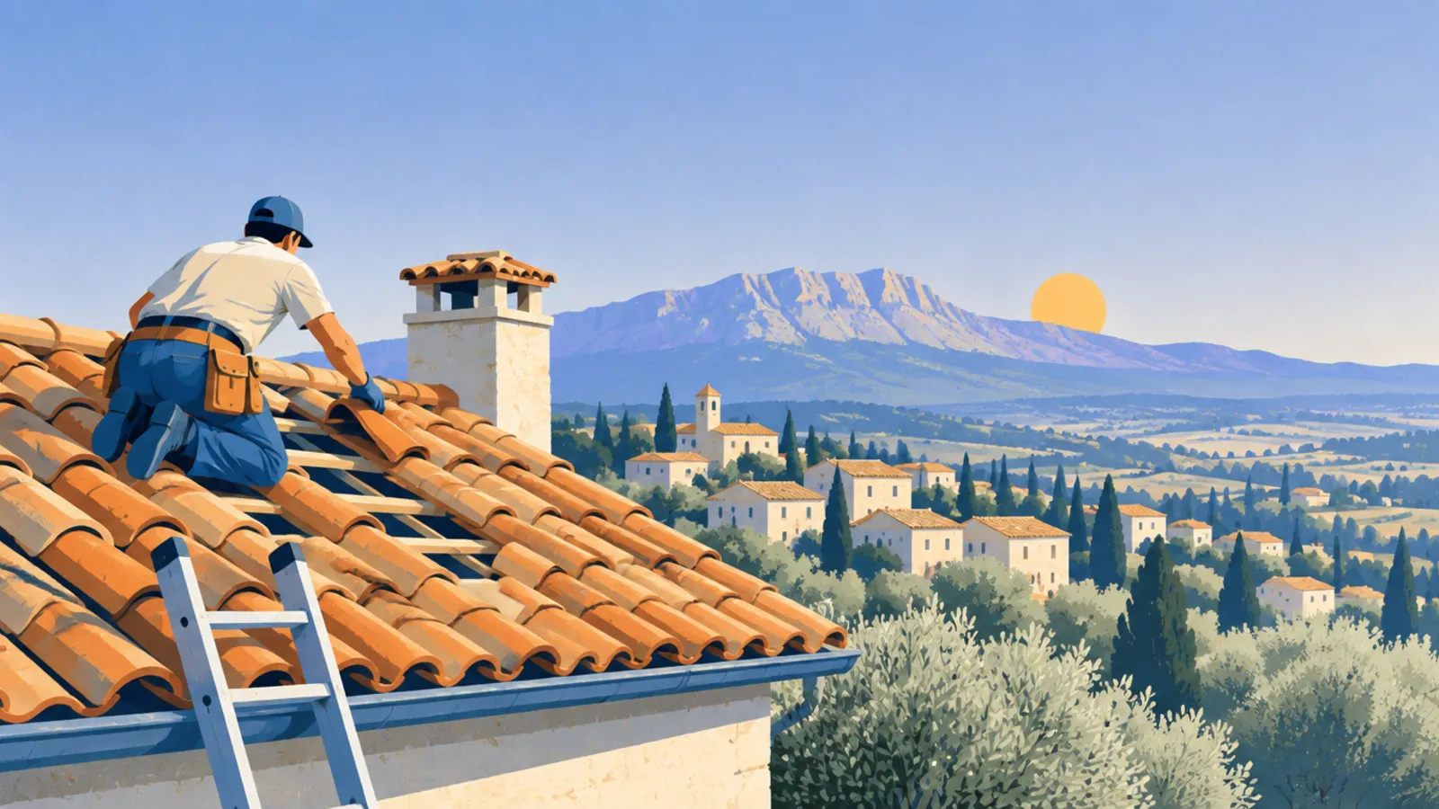 Illustration : un couvreur au travail en Provence, avec la Sainte-Victoire au loin