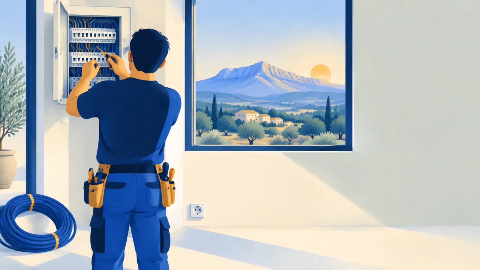 Illustration : un électricien au travail en Provence, avec la Sainte-Victoire au loin