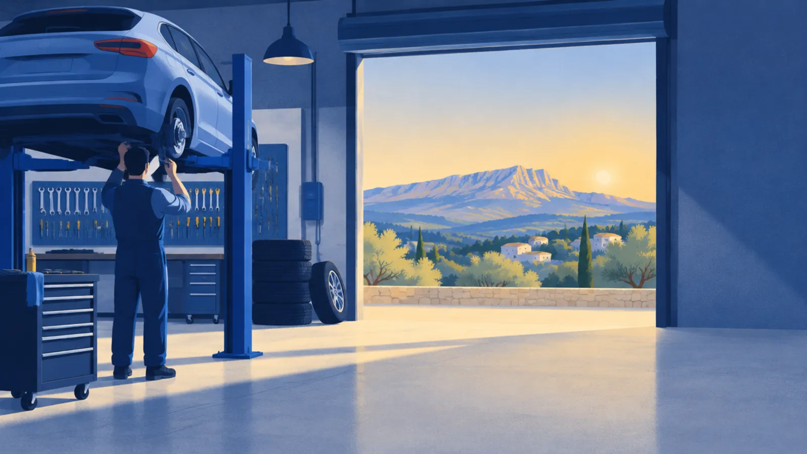 Illustration : un garage au travail en Provence, avec la Sainte-Victoire au loin