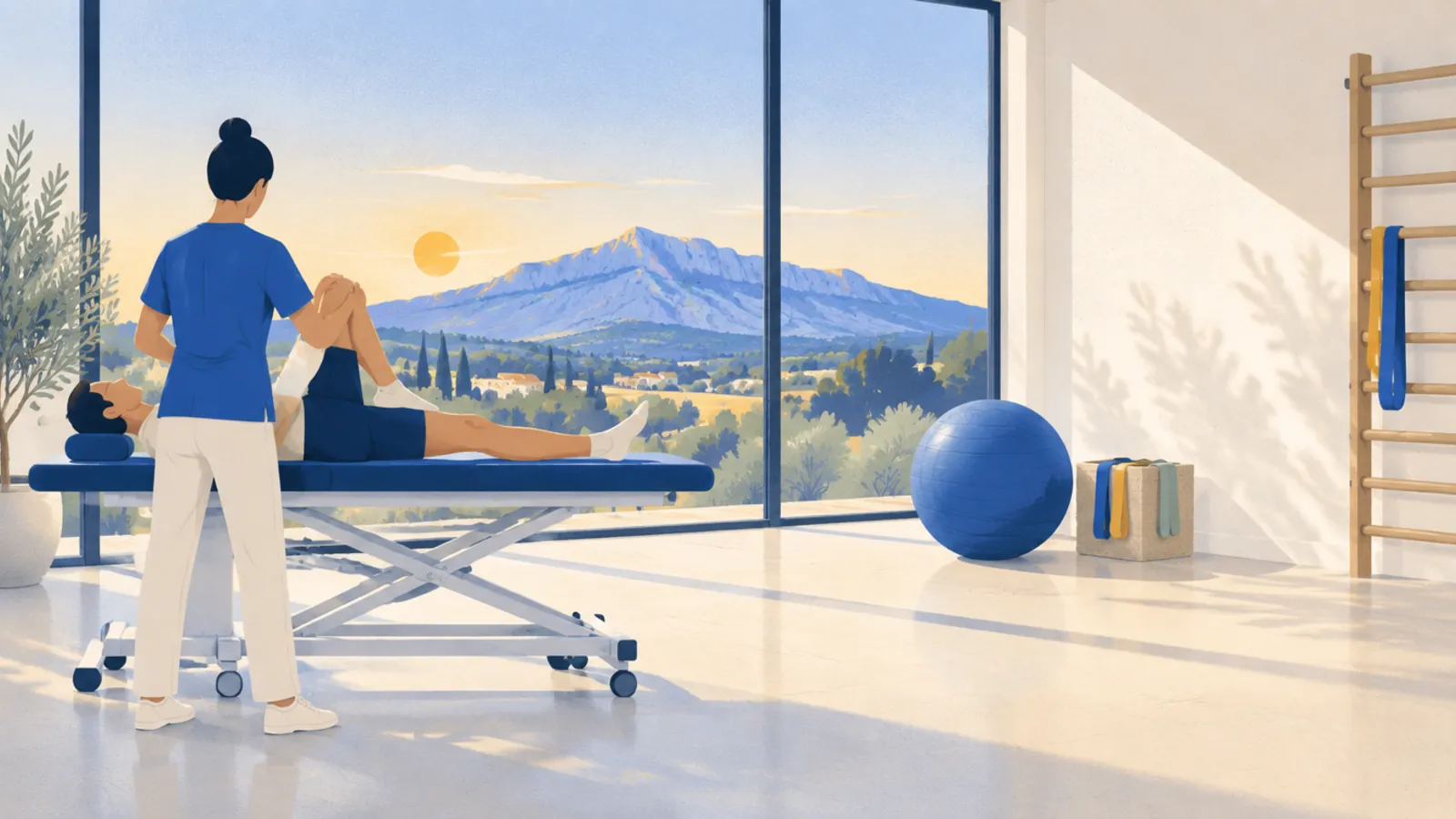 Illustration : un cabinet de kinésithérapie au travail en Provence, avec la Sainte-Victoire au loin
