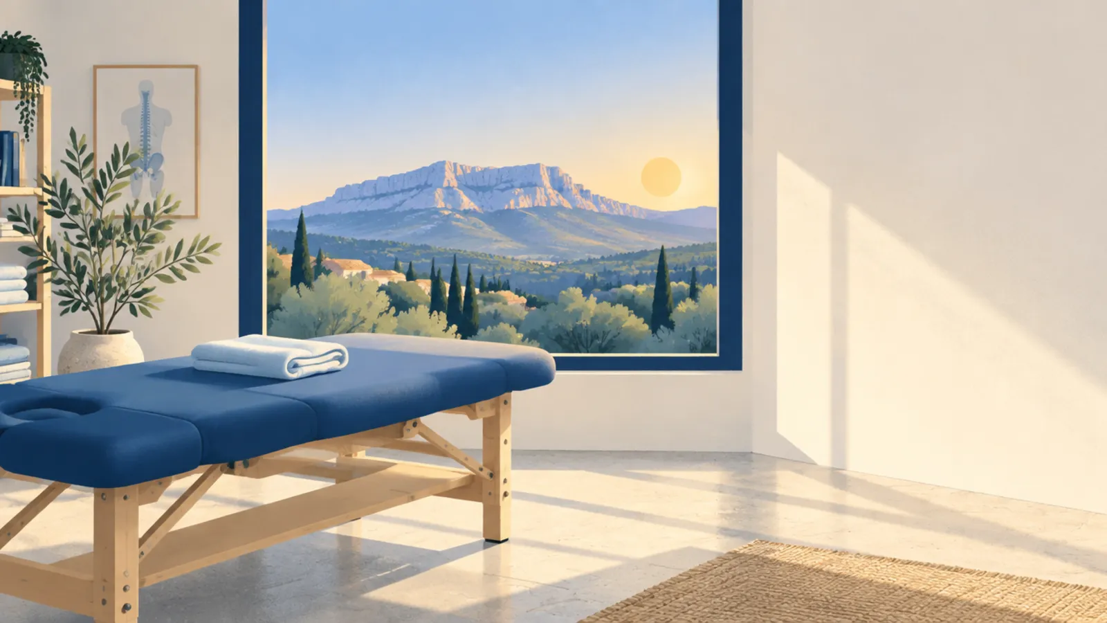 Illustration : un cabinet d'ostéopathie au travail en Provence, avec la Sainte-Victoire au loin