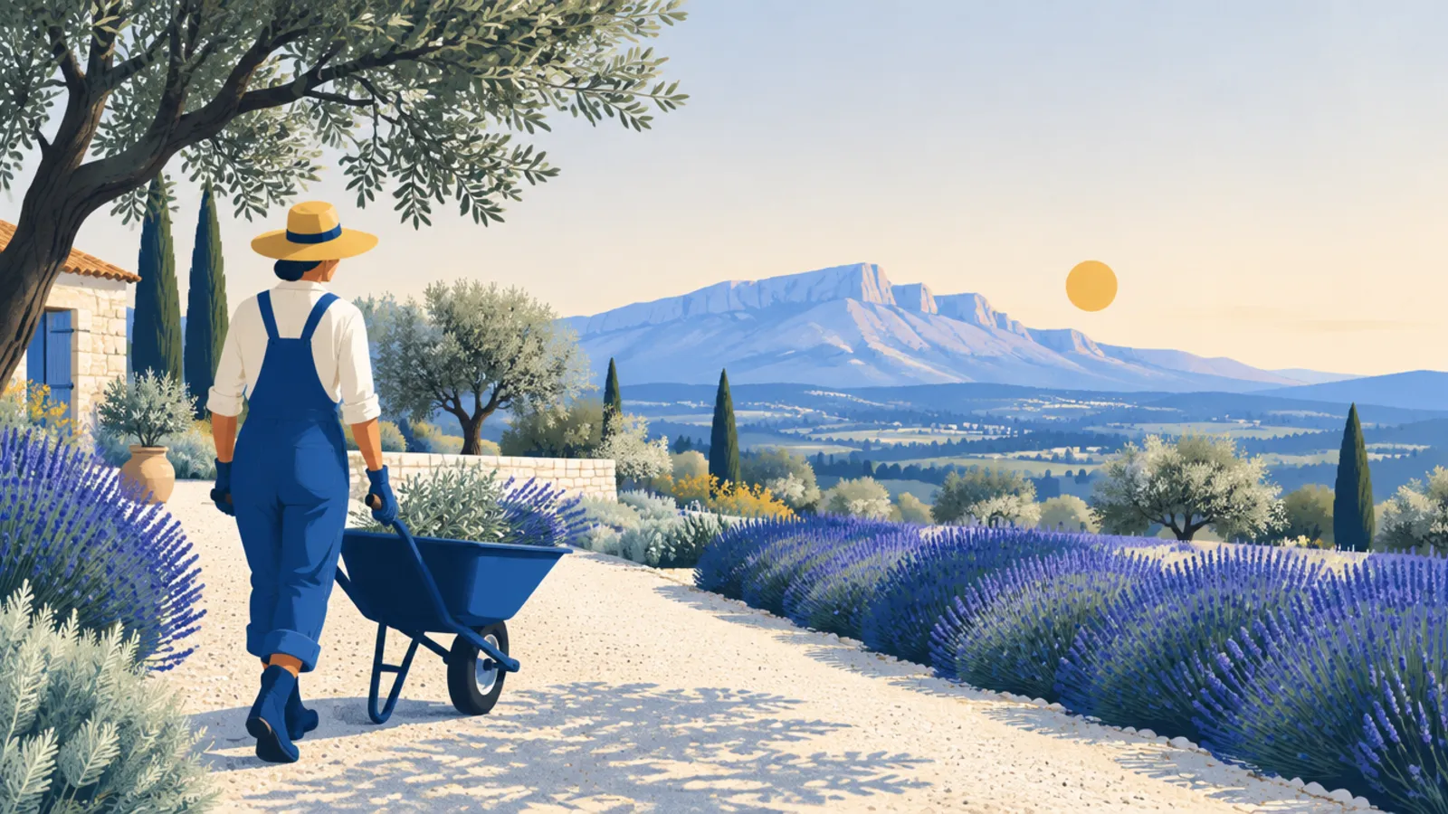 Illustration : un paysagiste au travail en Provence, avec la Sainte-Victoire au loin