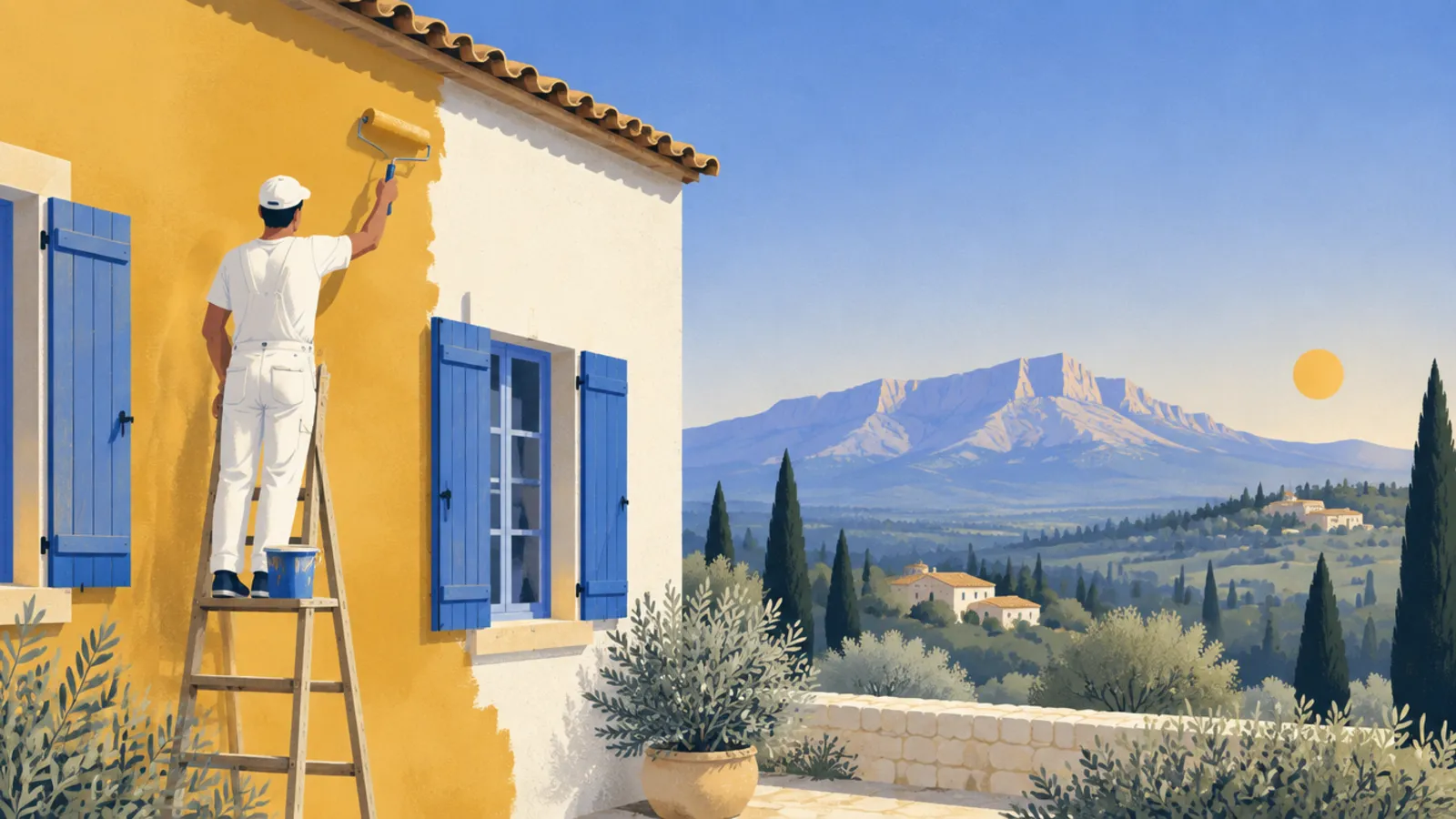 Illustration : un peintre en bâtiment au travail en Provence, avec la Sainte-Victoire au loin