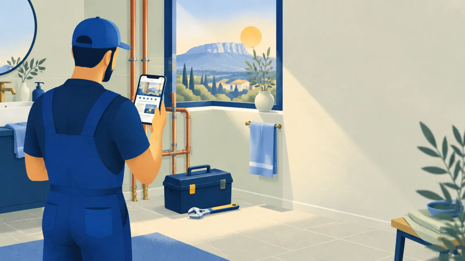 Illustration : un plombier au travail en Provence, avec la Sainte-Victoire au loin