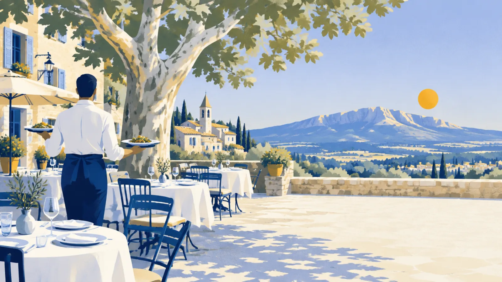 Illustration : un restaurant au travail en Provence, avec la Sainte-Victoire au loin