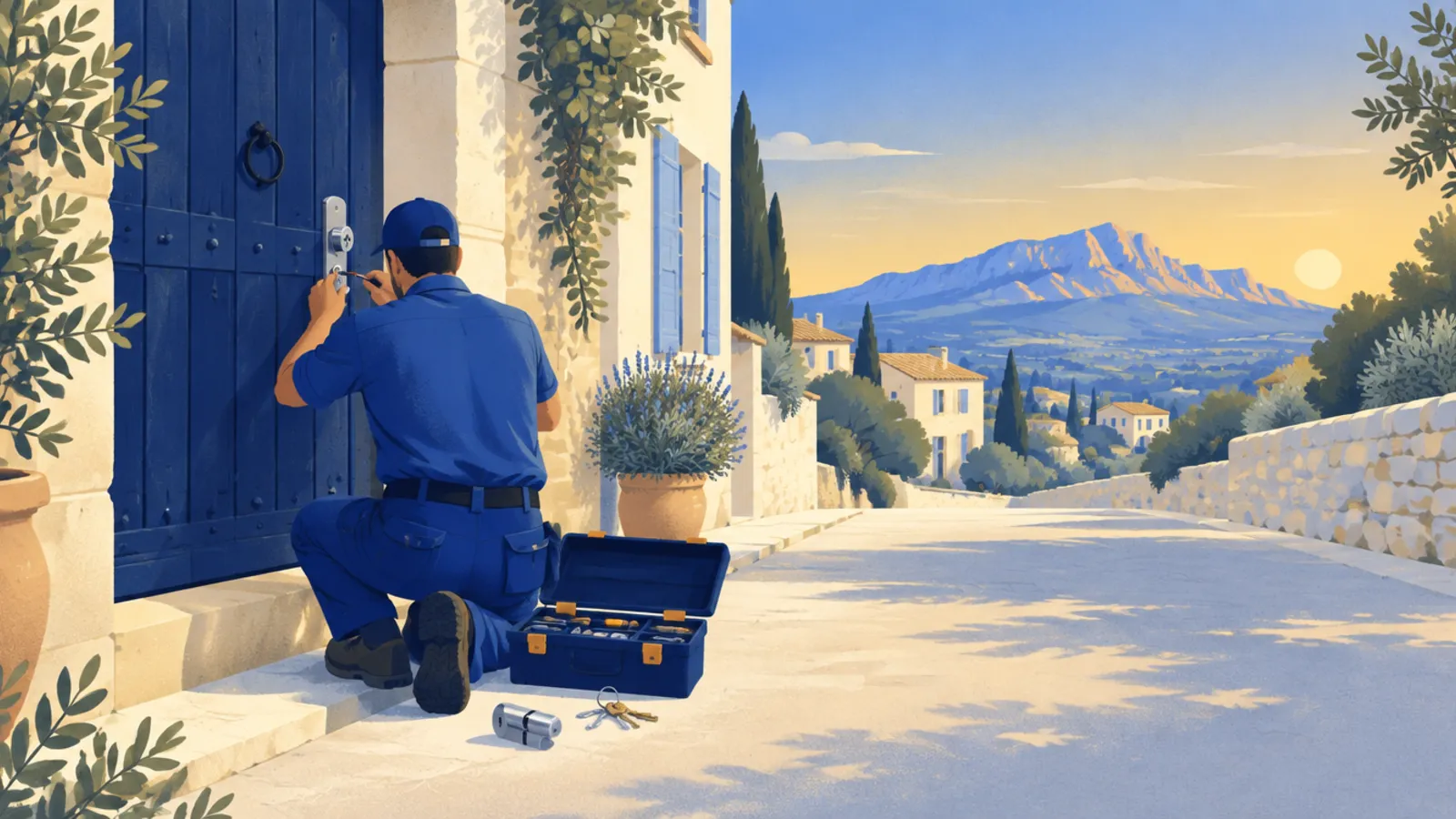 Illustration : un serrurier au travail en Provence, avec la Sainte-Victoire au loin