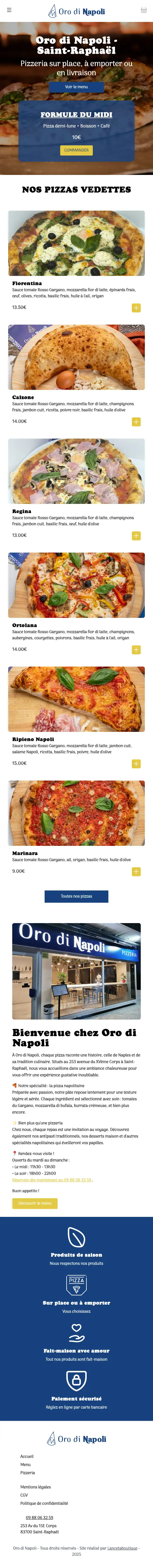 Application e-commerce Oro di Napoli, pizzeria à Saint-Raphaël — développée par Victoire Digital